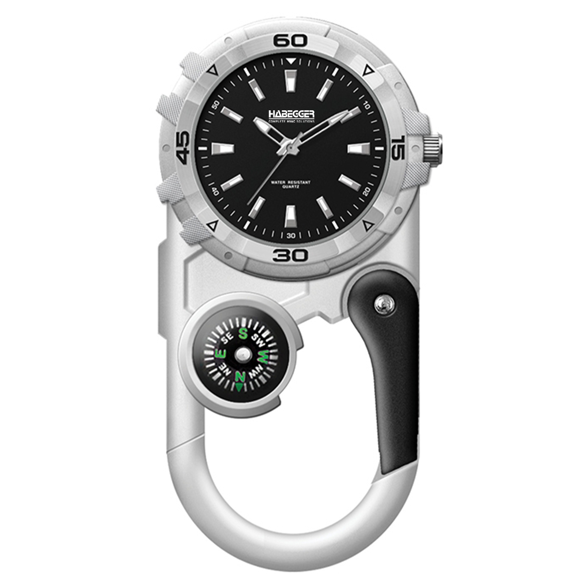 WC8221 41MM METAL MATTE SILVER POCKET WATCH, 3 HAND MVMT, BLACK DIAL, COMPASS, CARABINER